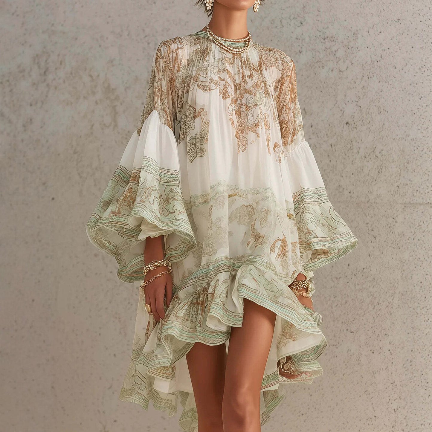 Cardydony Hermokrates Bell Sleeve Print Ruffle Mini Dress