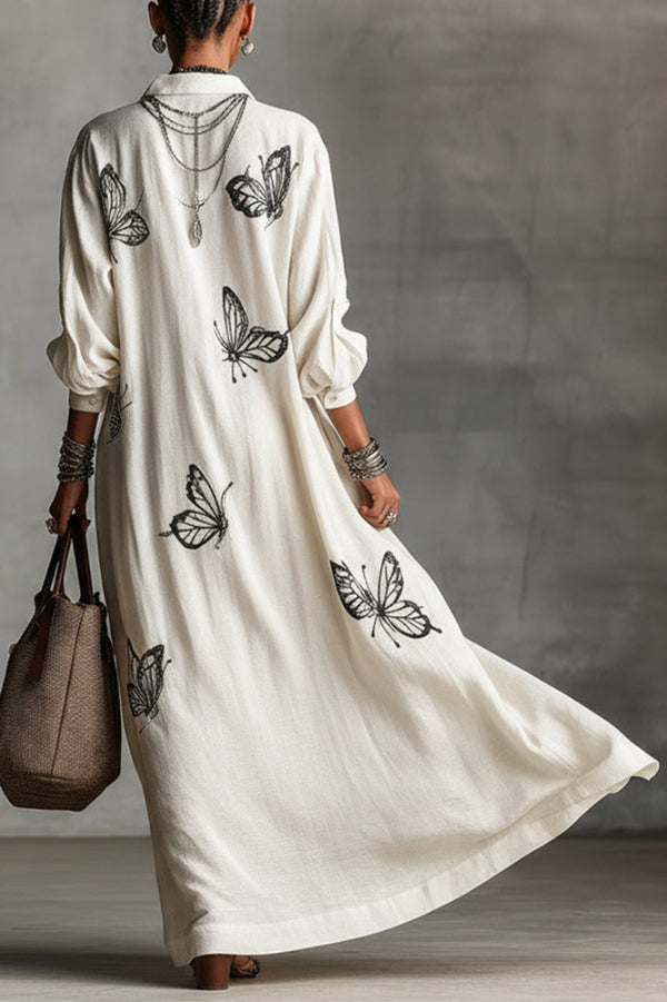 Cardydony Women's Butterfly Print V-Neck Long Sleeve Loose Casual Maxi Dress