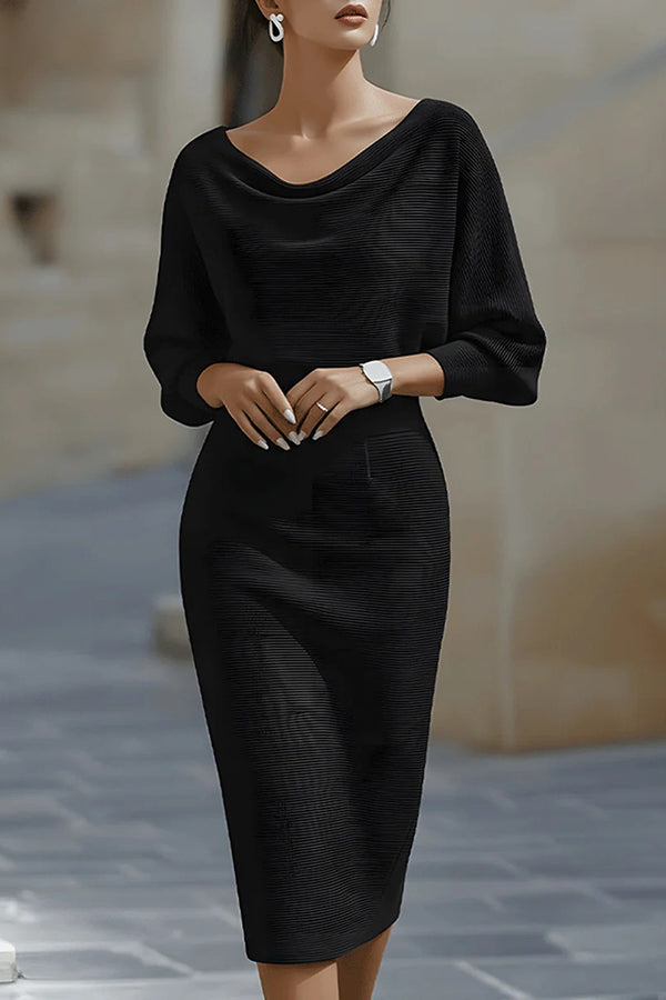 Cardydony Women's Solid Color Batwing Sleeve Fitted Waist Elegant Midi Dress