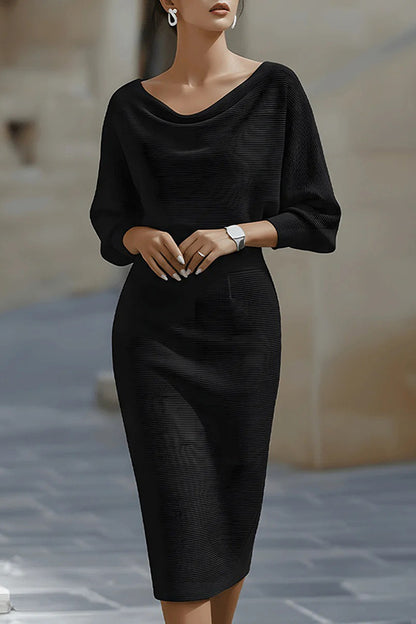Cardydony Women's Solid Color Batwing Sleeve Fitted Waist Elegant Midi Dress