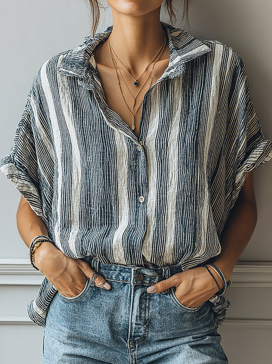 Cardydony Women's Retro Striped Print Casual Linen Shirt