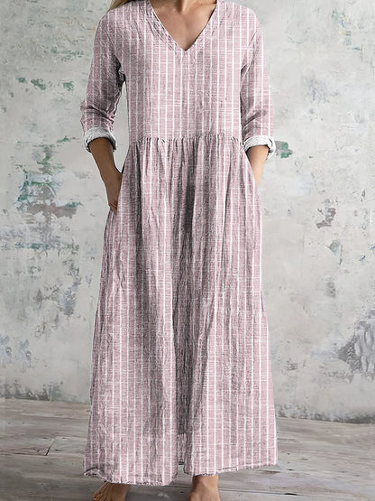 Cardydony Vintage Stripe Pattern Women's Linen Dress