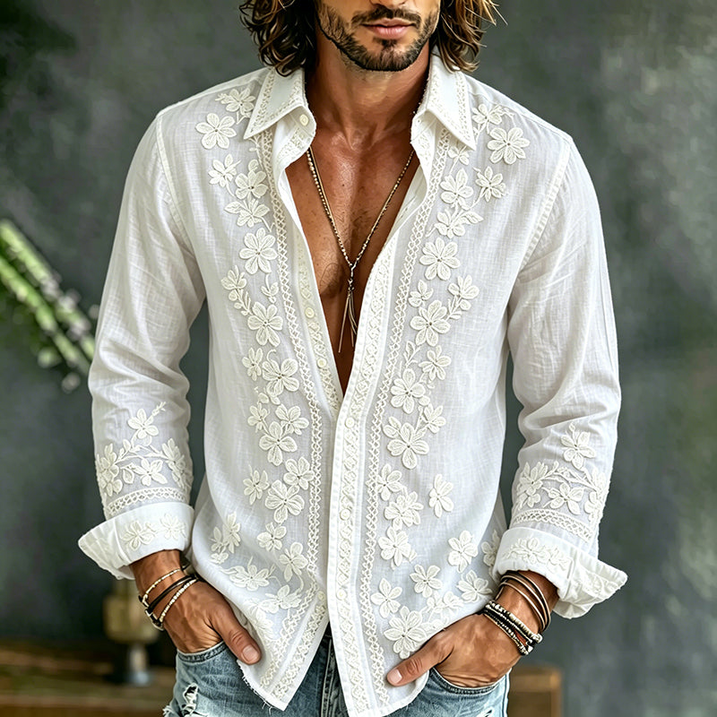 Cardydony Men's Causal Spring Floral Art Print Flowy Linen Blend Shirt