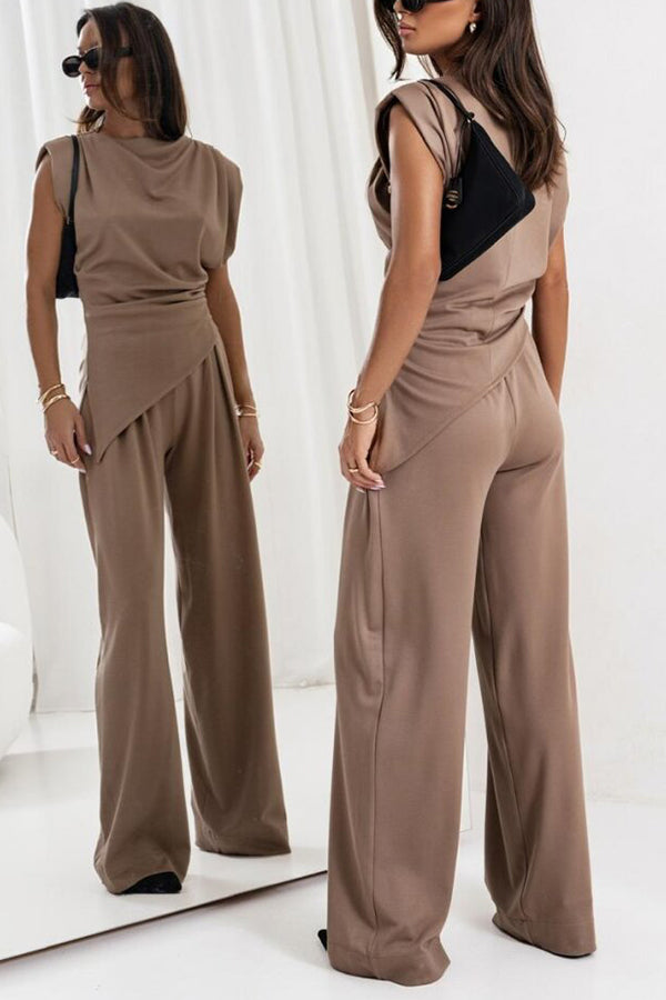 Cardydony Women's Jordy Ruched Shoulder Slit Top and Elastic Waist Pocketed Wide Leg Pants Set