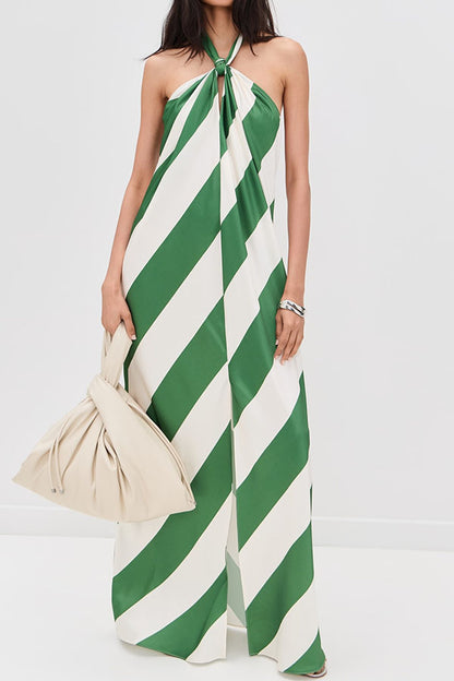Cardydony Women's Most Dreamy Stripe Print Halter Tie-up Backless Pocket Loose Maxi Dress