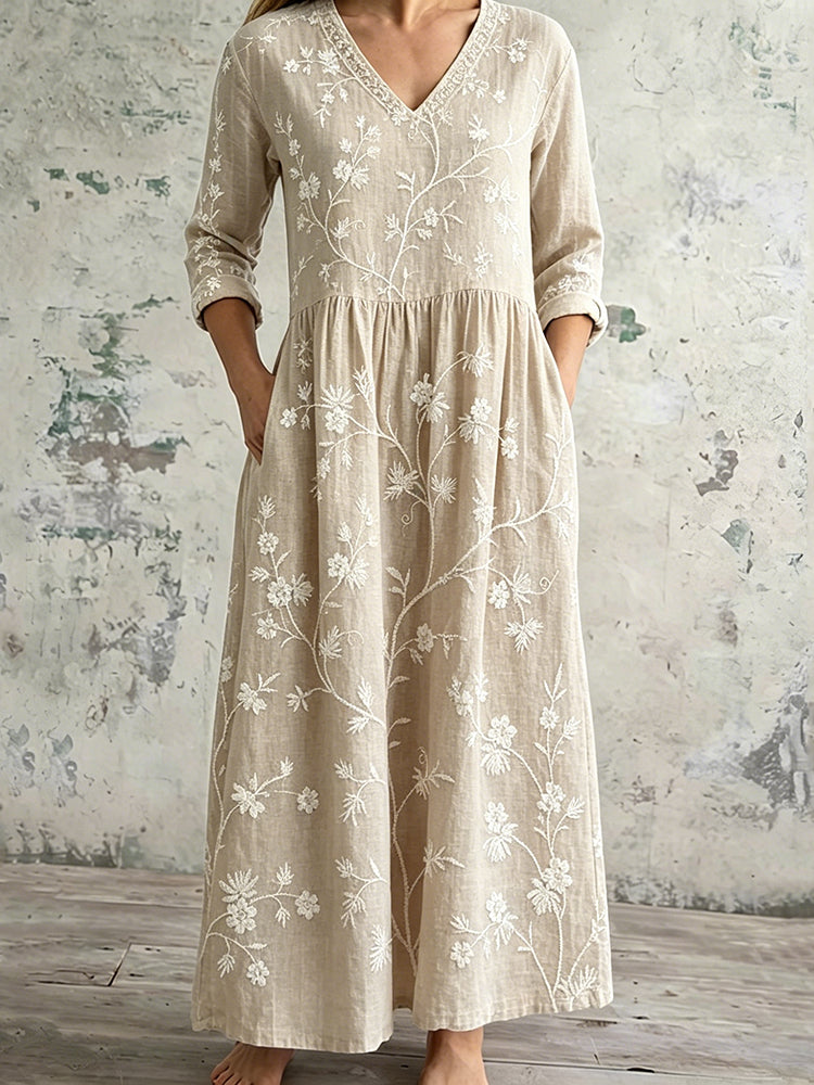 Cardydony Women's Vintage Floral Art Casual Linen Dress