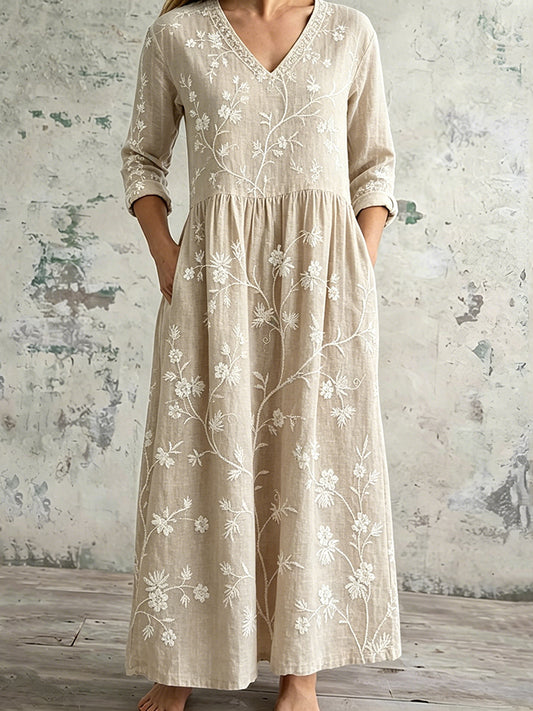 Cardydony Women's Vintage Floral Art Casual Linen Dress