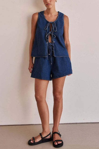 Cardydony Women's  Stylish Sleeveless Round Neck Tie-up Casual Denim Vest