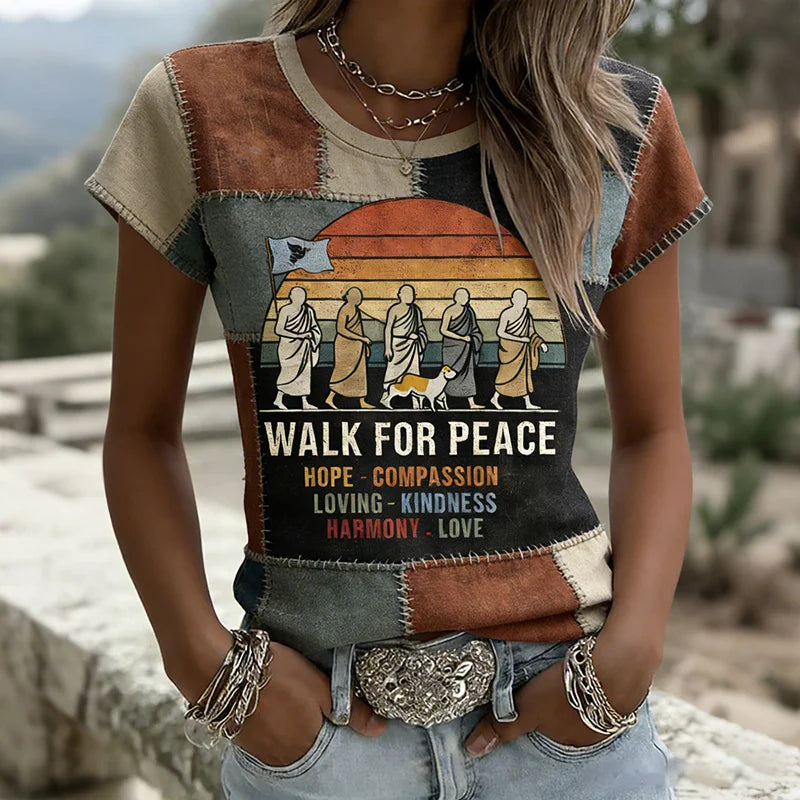Cardydony Retro 2026 Walk For Peace Artistic Patchwork Print T-shirt