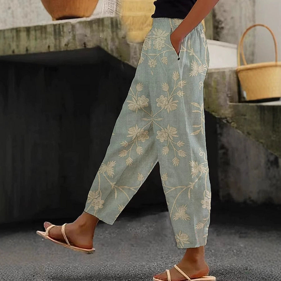 Cardydony Women's Vintage Floral Art Linen Casual Pants