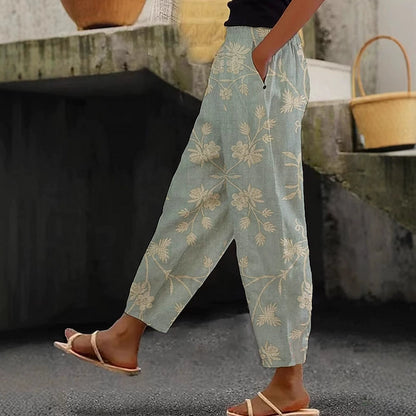 Cardydony Women's Vintage Floral Art Linen Casual Pants