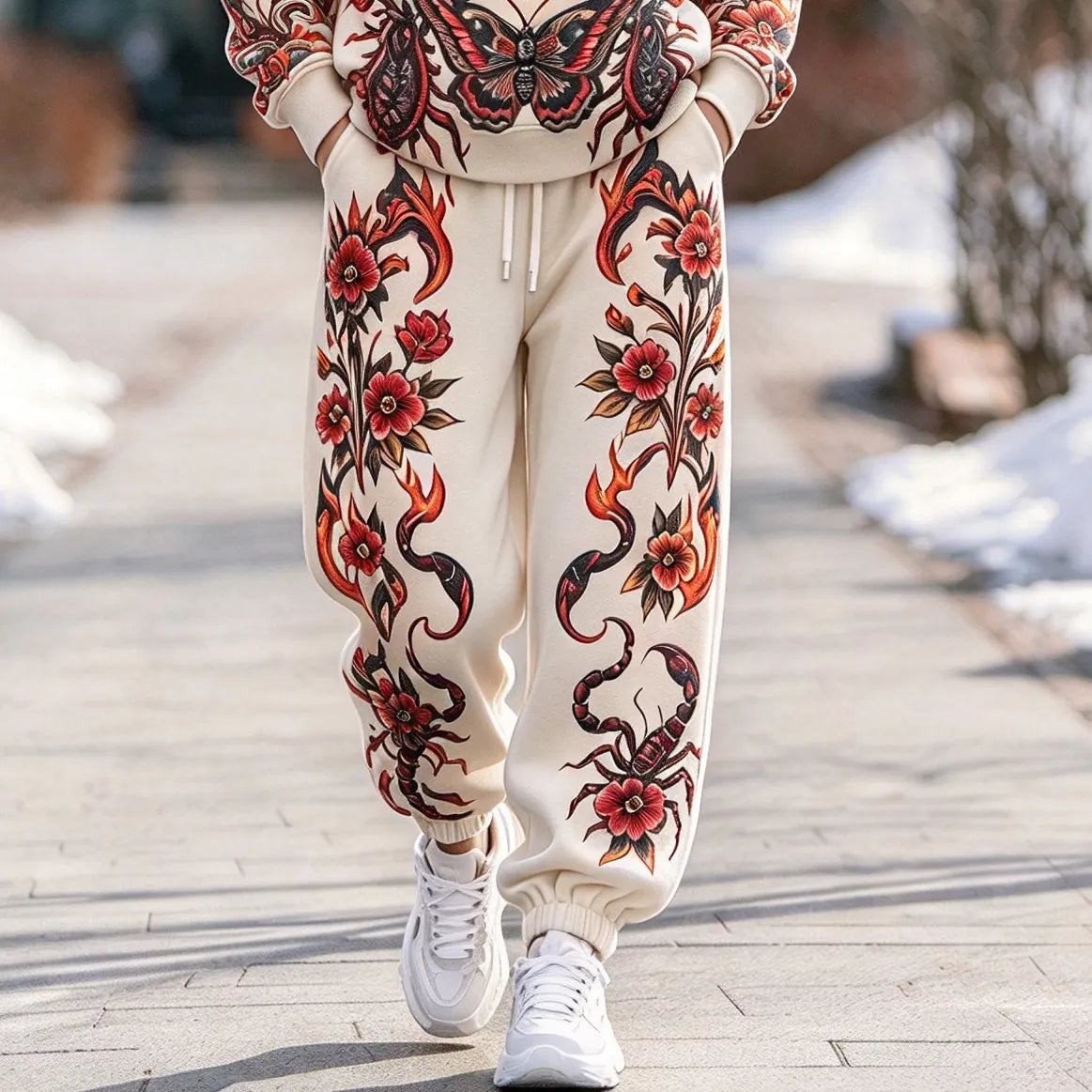 Cardydony Women's Vintage Heart And Floral Print Hoodie And Pants Set