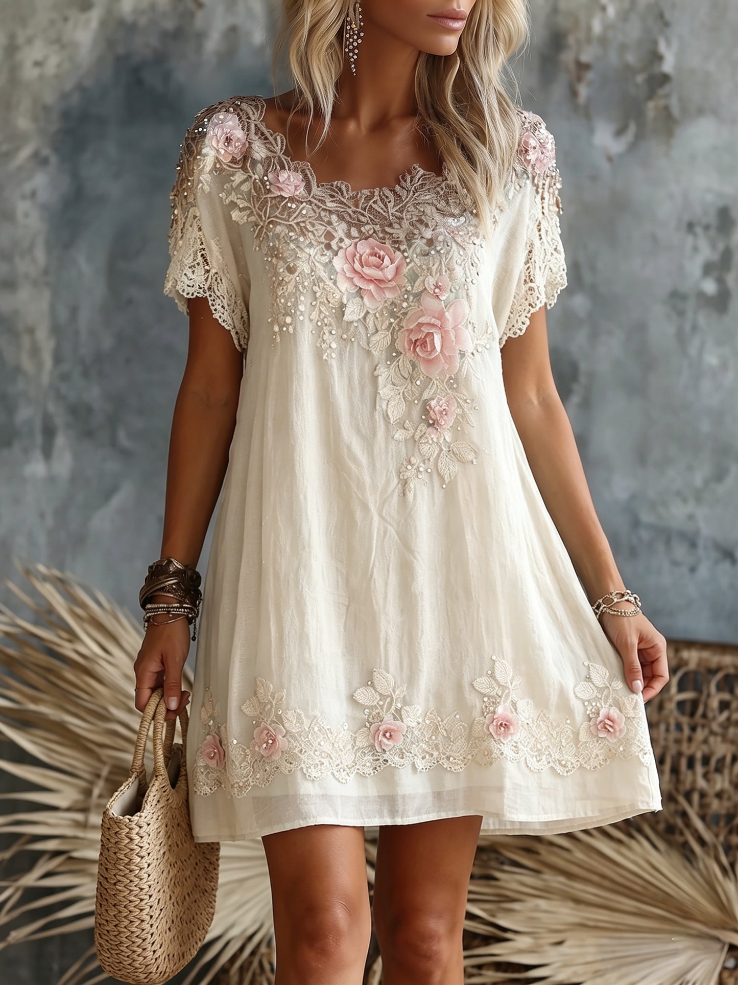 Cardydony Women's Retro Rose Floral Embroidery Pattern Short Sleeve Linen Dress