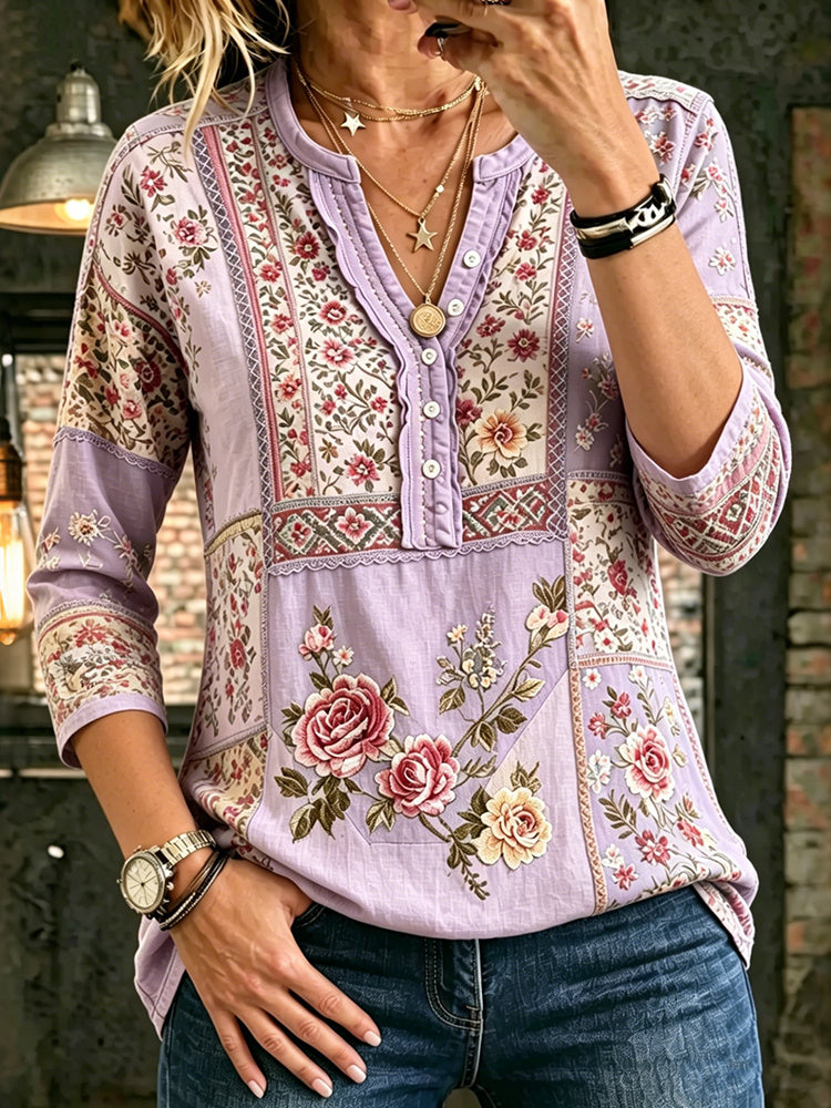 Cardydony Retro Ethnic Floral Cotton And Linen Top