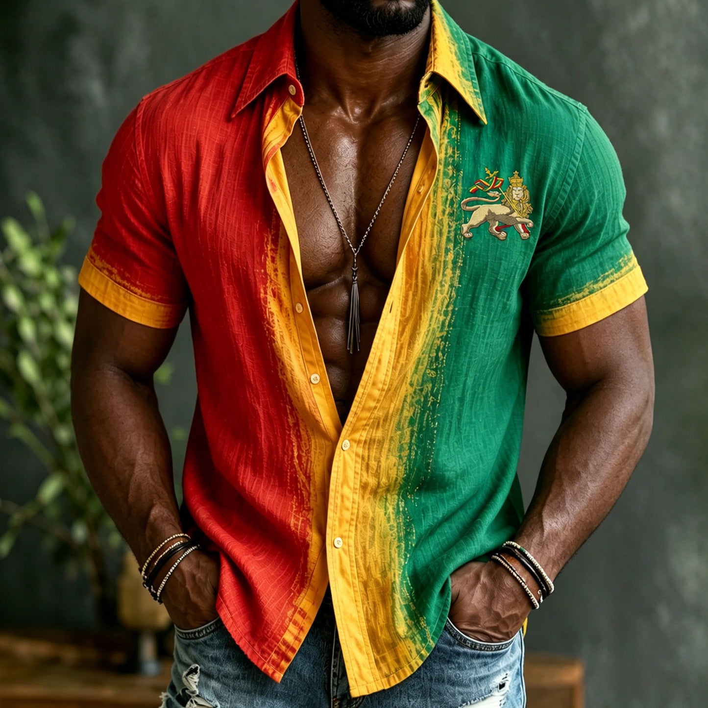 Cardydony Men's Retro Reggae Lion Of Judah Art Casual Linen Short Sleeves Shirt