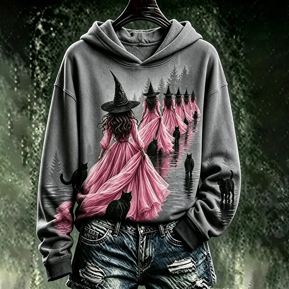 Cardydony Women's Pink Halloween Witch Print Hoodie