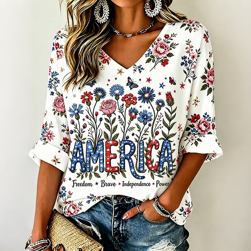 Cardydony Women's Independence Day Anniversary Print Three-quarter Sleeve V Neck Tops
