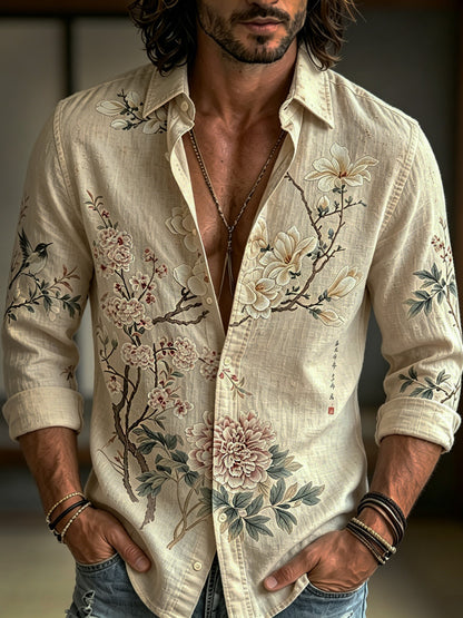 Cardydony Men's Retro Japanese Minimalist Floral And Bird Print Cotton Linen Comfortable Shirt