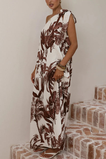 Cardydony Women's Botanical Print Sleeveless One-shoulder Casual Vacation Maxi Dress