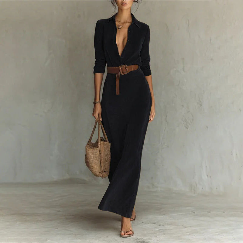Cardydony Women's Retro Suede Waist-cinching Long Dress With Belt