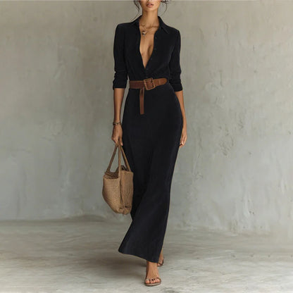 Cardydony Women's Retro Suede Waist-cinching Long Dress With Belt