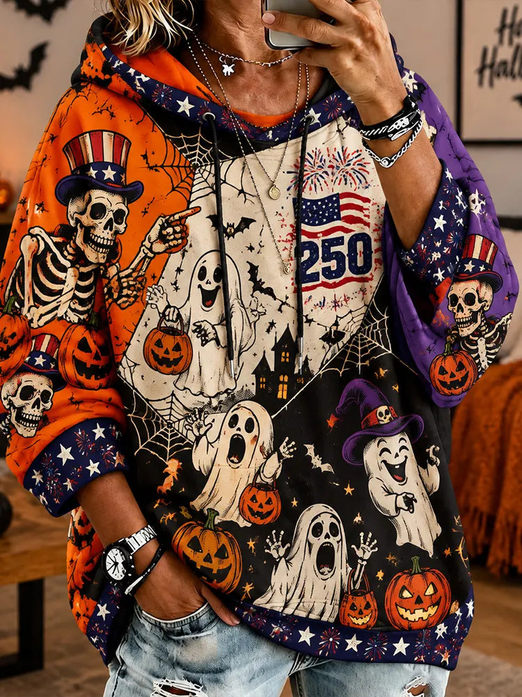 Cardydony Women's Halloween Skull And Ghost Art Print Patchwork Casual Hoodie