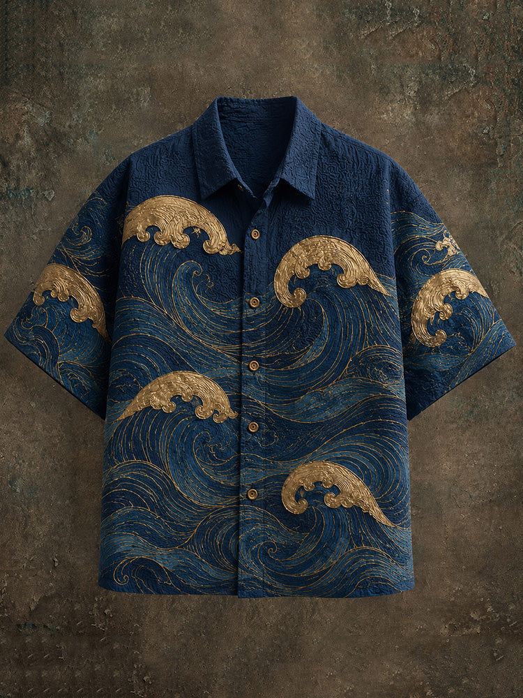 Cardydony Men's Japanese Art Wave Print Cotton Linen Top