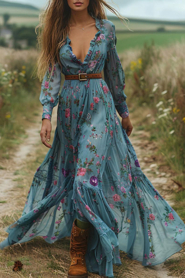 Cardydony Women's Floral Print V-neck Long-sleeved Bohemian Vacation Style Maxi Dress