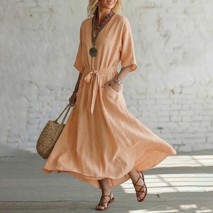 Cardydony Women's Elegant V-neck Tie Design Linen-cotton Maxi Dress
