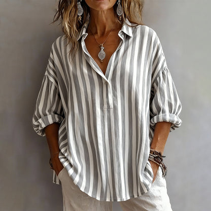 Cardydony Casual Loose Striped Half Lapel Shirt