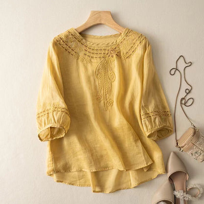 Cardydony Women's Casual Floral Embroidered Linen Blend Blouse