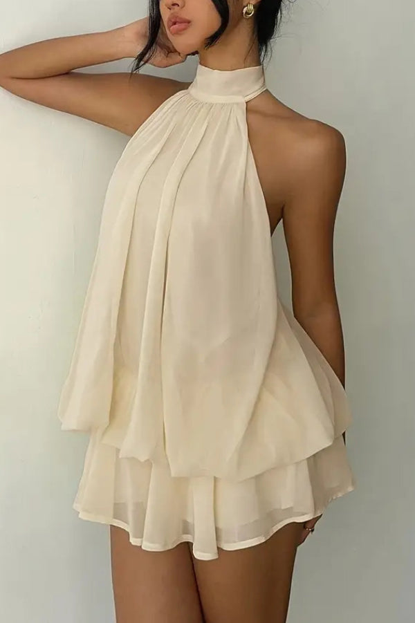 Cardydony Women's  Fashionable Chiffon Halter Neck Backless Lace-up Casual Vacation Mini Dress