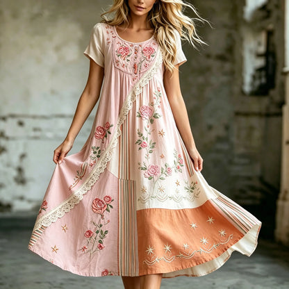 Cardydony Women's Retro Bohemian Floral Embroidery Patchwork Casual Dress