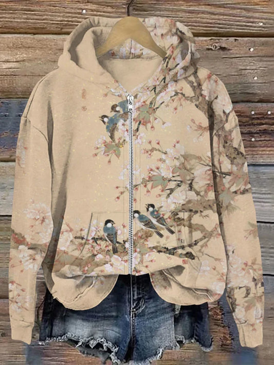 Cardydony Vintage Flower Bird Print Zip Hoodie