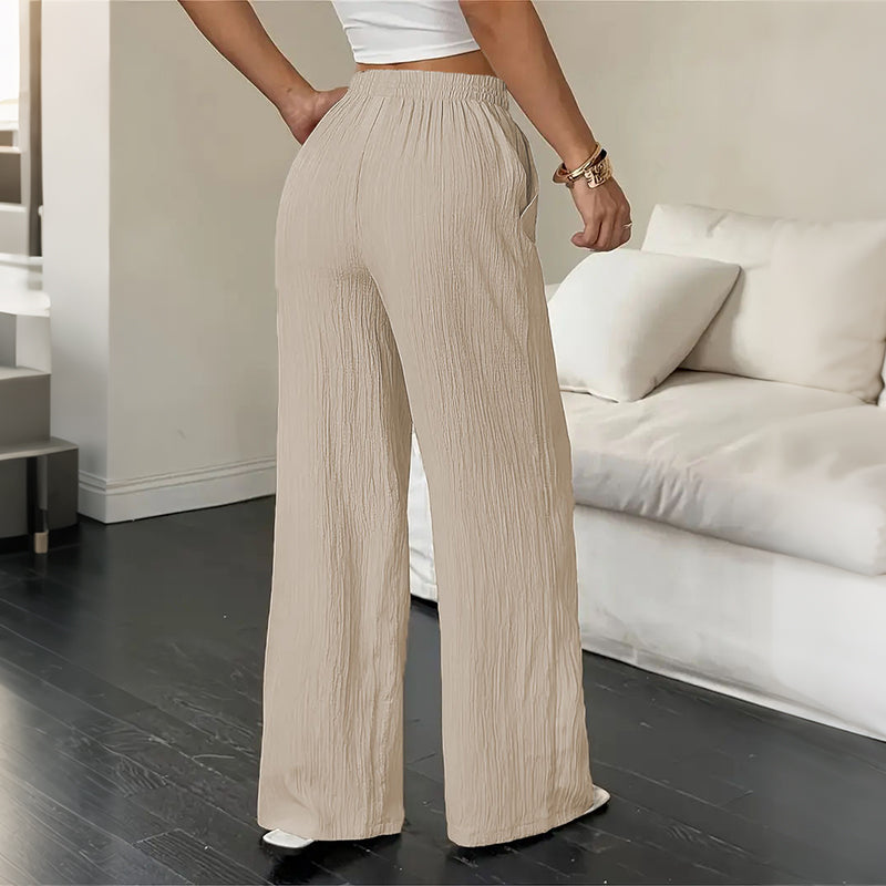Cardydony Solid Color Elastic Waist Straight Leg Linen Pants