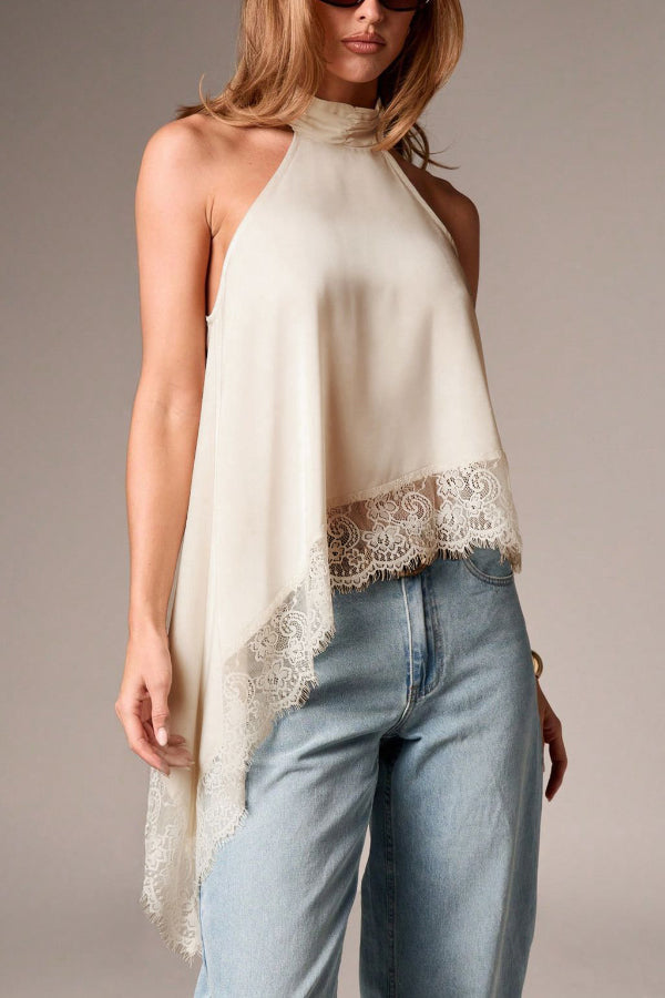 Cardydony Women's Solid Color Satin Sleeveless Lace Hem Loose Top