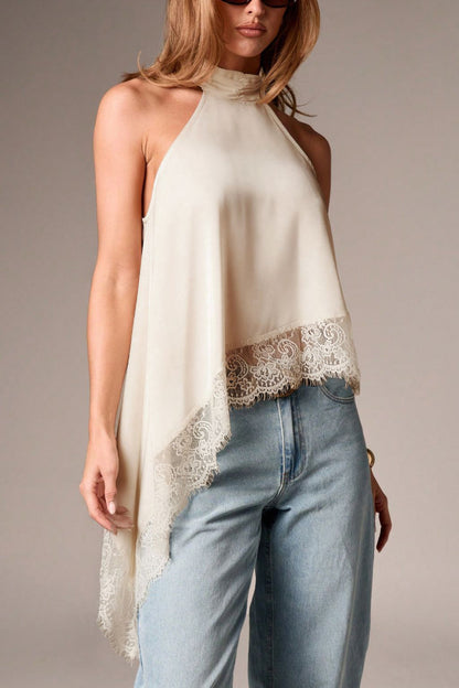 Cardydony Women's Solid Color Satin Sleeveless Lace Hem Loose Top