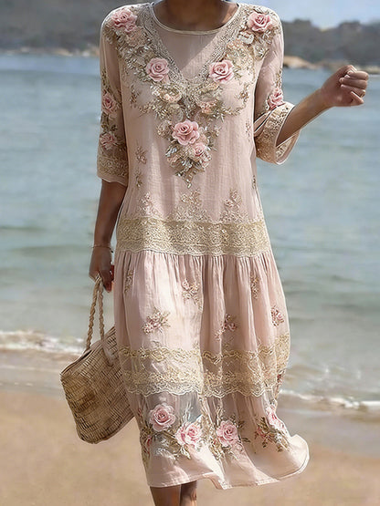 Cardydony Women's Vintage Pink Flower Embroidery Art Midi Dress