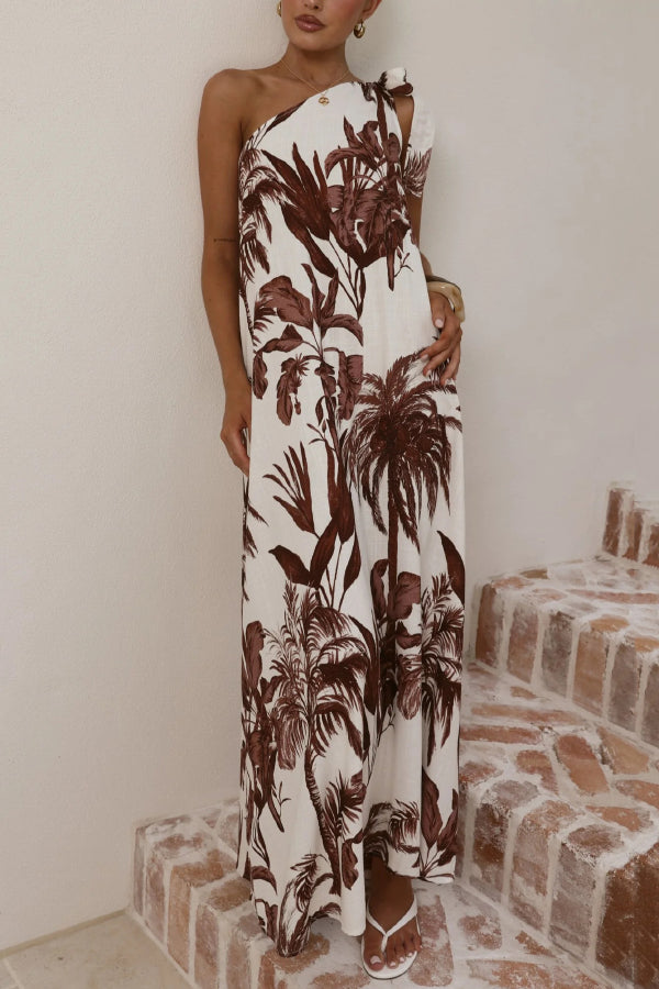 Cardydony Women's Botanical Print Sleeveless One-shoulder Casual Vacation Maxi Dress