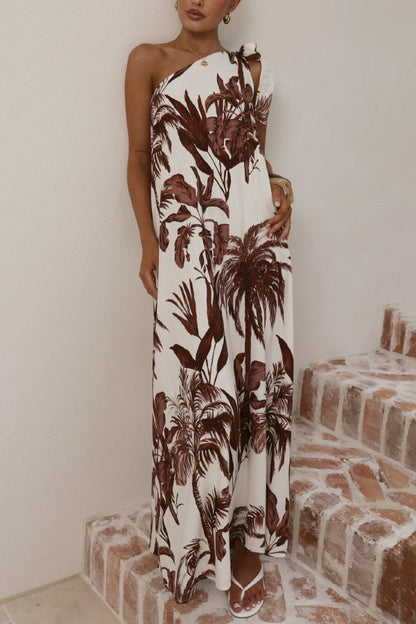 Cardydony Women's Botanical Print Sleeveless One-shoulder Casual Vacation Maxi Dress