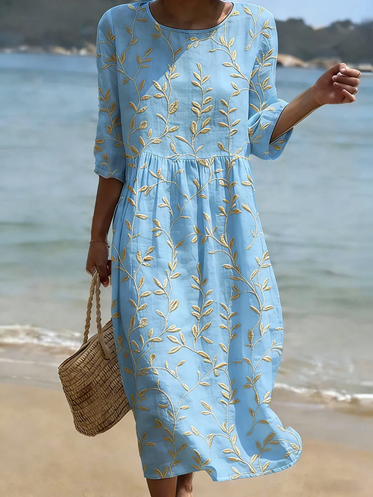 Cardydony Vintage Floral Art Pattern Linen Blend Loose Three-quarter Sleeve Dress