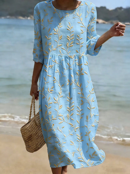 Cardydony Vintage Floral Art Pattern Linen Blend Loose Three-quarter Sleeve Dress