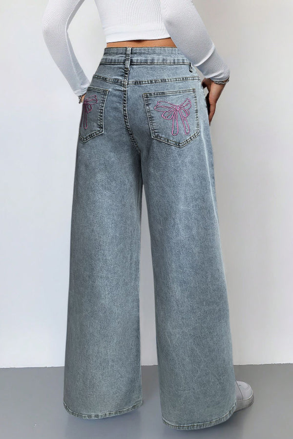 Cardydony Women's Fashionable Bow Embroidered Pocket Casual Loose Wide-leg Jeans