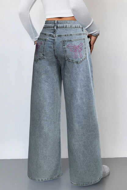 Cardydony Women's Fashionable Bow Embroidered Pocket Casual Loose Wide-leg Jeans