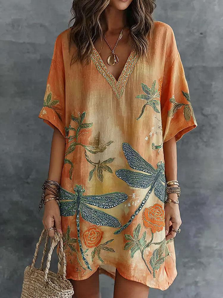 Cardydony Retro Dragonfly And Floral Pattern Linen Mini Dress