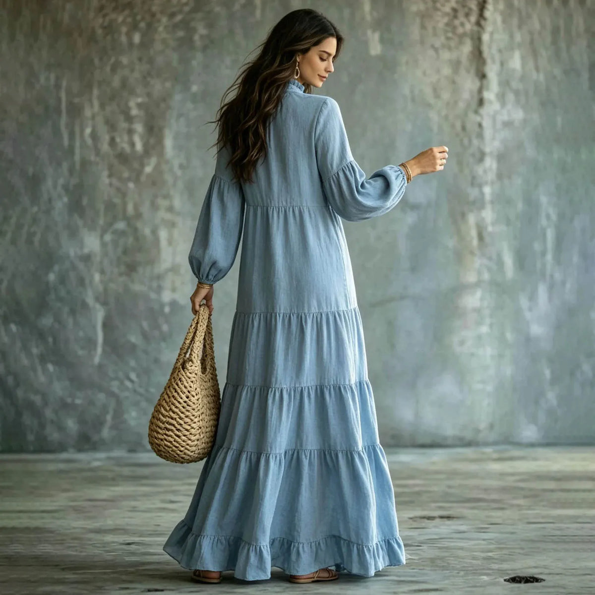 Cardydony Women's Bohemian Ruffle Neck Relaxed Fit Tiered Maxi Dress