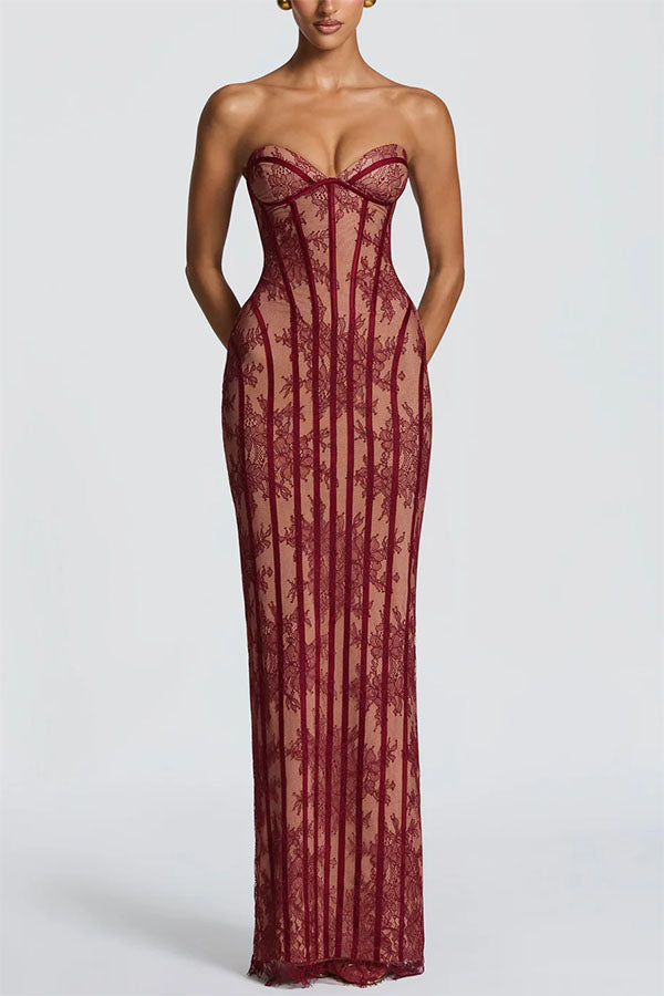 Cardydony Women's Sian Floral Lace Contrast Structural Detail Back Lace-up Strapless Slit Maxi Dress