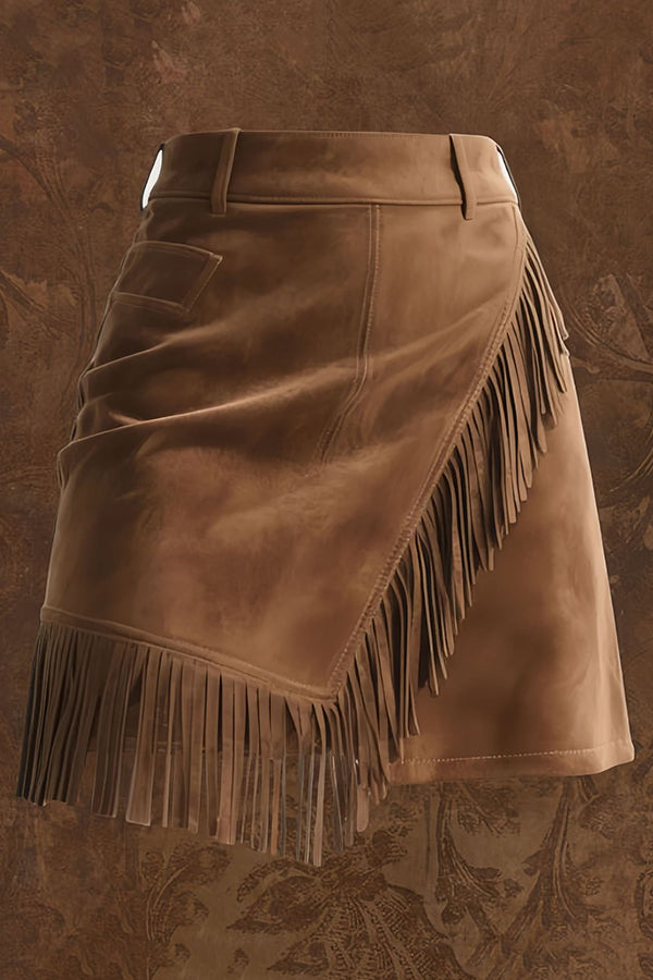 Cardydony Women's Retro Suede Casual Asymmetrical Fringed Hem Mini Skirt