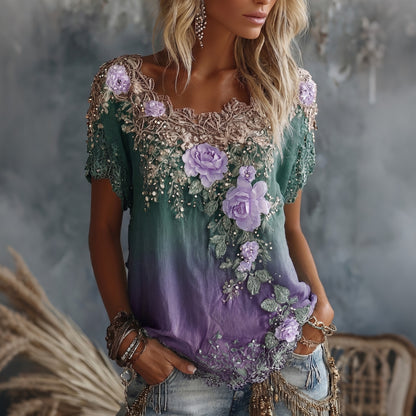 Cardydony Women's Vintage Floral Gradient Art Flowy Linen Blend Casual Tops
