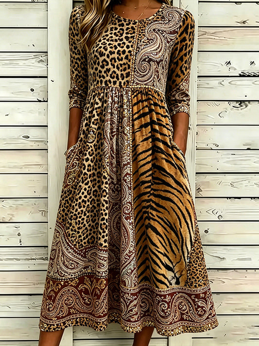 Cardydony Women's Leopard And Animal Print Paisley Pattern Splicing Linen Blend Casual Mid-sleeve Dress